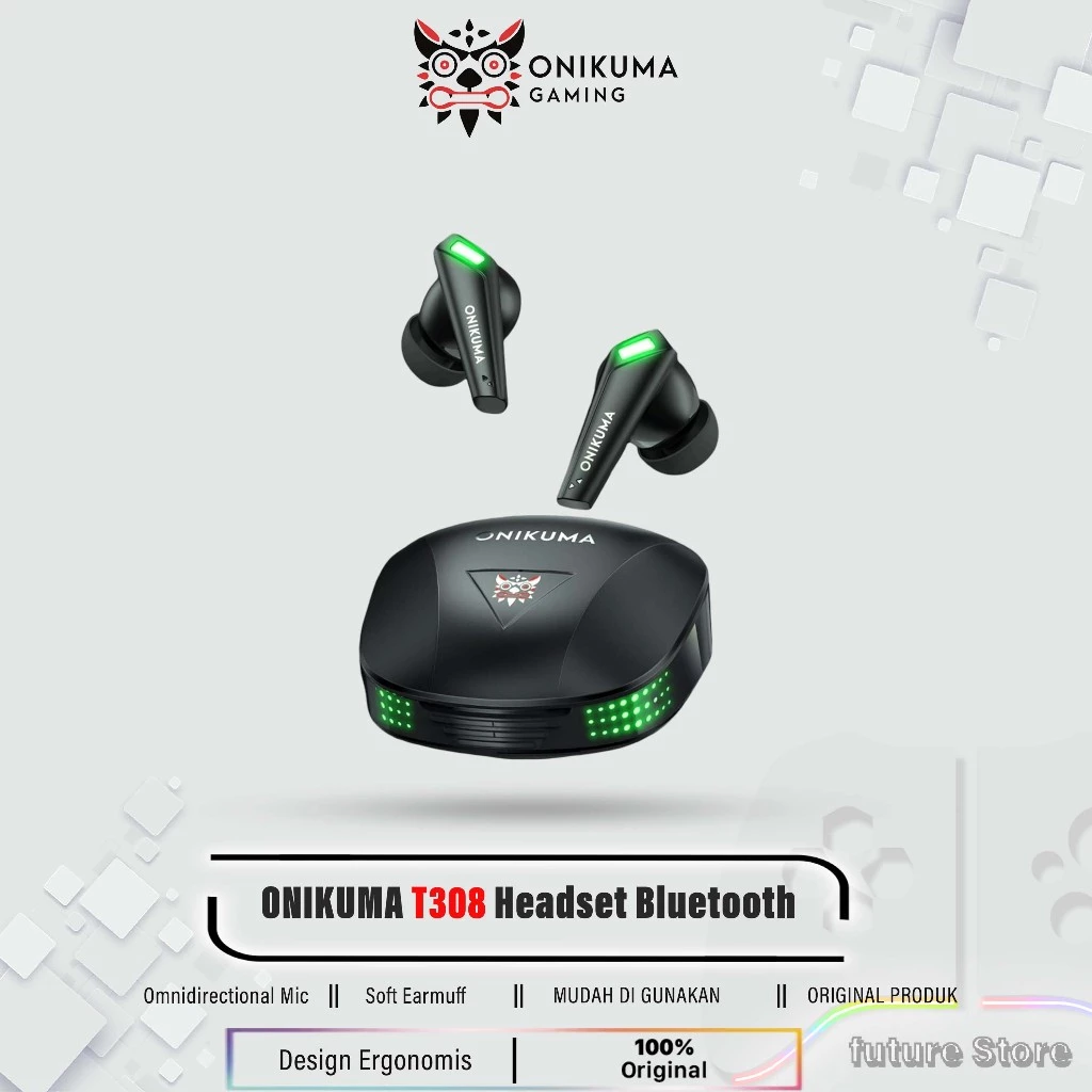 ONIKUMA T308 Headset Bluetooth TWS Gaming Earphone Kedap Suara Headphone - Black green LED BERGARANSI RESMI - foto 1