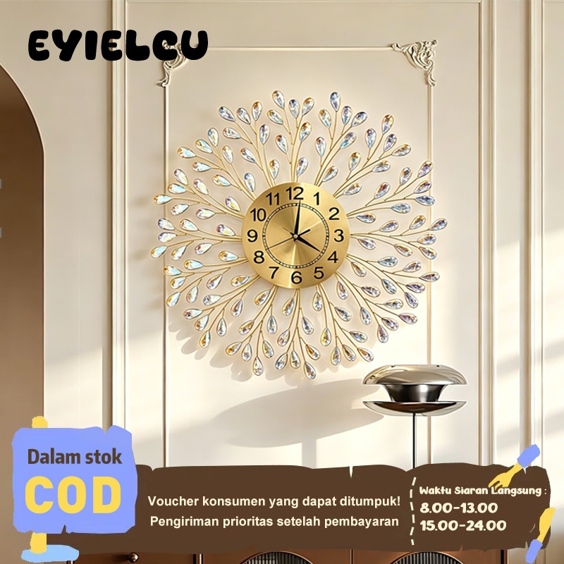 Eyre Jam Dinding Mewah Kristal Warna Emas Ukuran 60x60cm Model Burung Merak Hiasan Dinding Ruang Tamu Modern Minimalis Jam Dinding Besar Ornamen Kristal Pelangi Bingkai Logam Emas Dekorasi Rumah Mewah Ruang Tamu Kamar Tidur