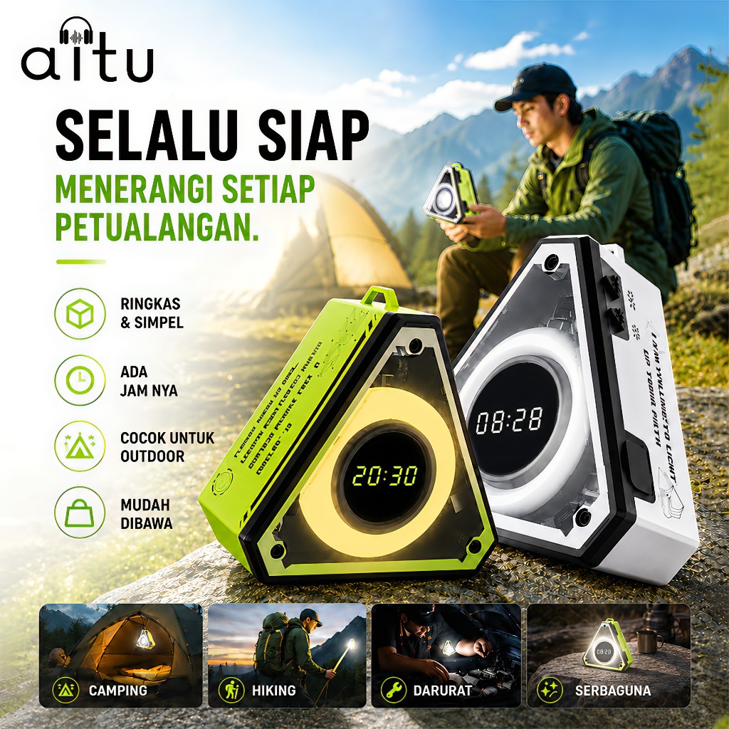 Aitu Lampu Emergency LED Jam Digital Magnet Camping Outdoor Rechargeable
