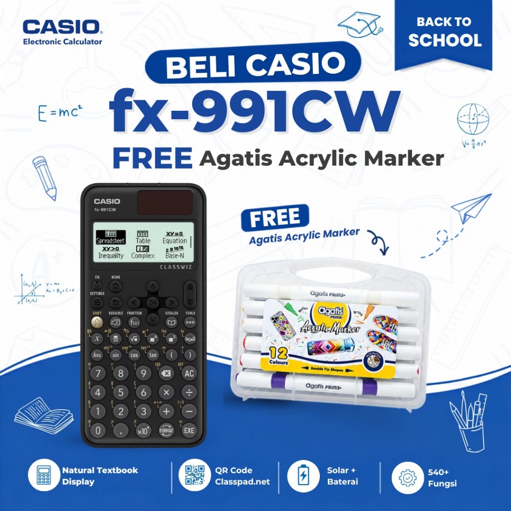 Casio ClassWiz Model Scientific Calculator FX-991CW Kalkulator SMA SMK Kuliah Teknik MIPA Matrix Integral Statistik Spreadsheet Tabel Numerik