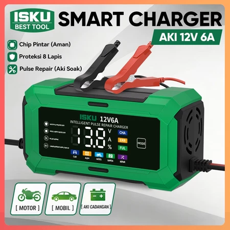 ISKU Intelligent Battery Charger Aki Mobil 12V6A Charger Cas Aki Mobil Motor 12V 6A 96W Pintar Otomatis Layar LCD Digital Alat Casan Baterai Kering Basah AGM GEL Lithium Pulse Repair Servis Aki Soak Anti Konslet Aksesoris Perawatan Kendaraan