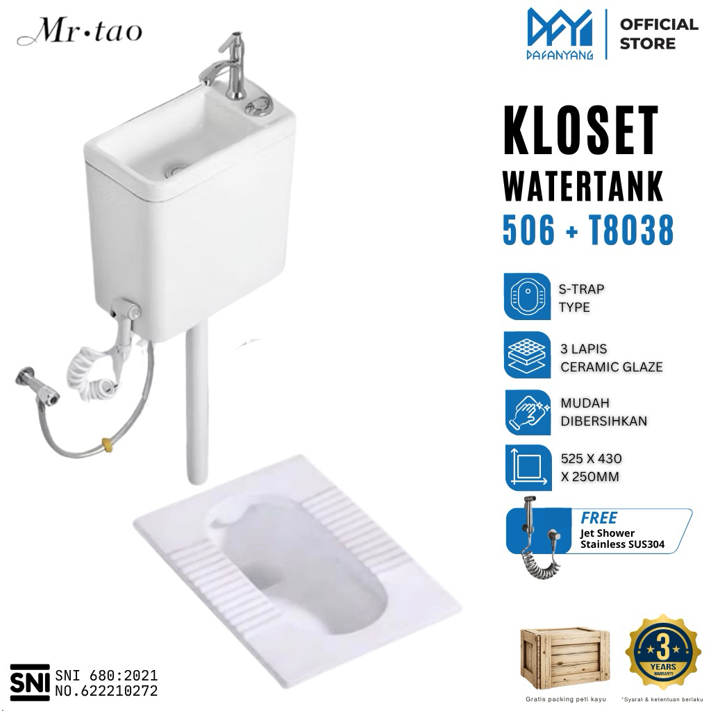 Mr. Tao Kloset Jongkok 506 Watertank Westafel Cuci Tangan Flush 3/6L Air Hemat Air  Bahan Keramik Mudah Dibersihkan | Free Peti Kayu dan Asuransi 100%