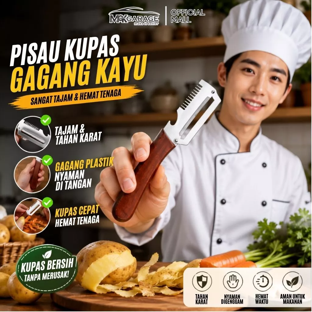 Gambar promosi penjual parutan dan pengupas MKGARAGE dengan gagang bermotif kayu