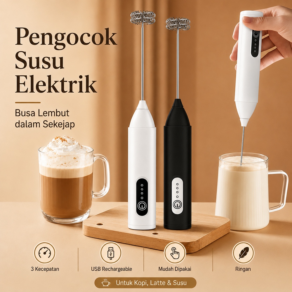 RTL Milk Frother Rechargeable Pengaduk Minuman Pembuih Susu Kopi Dalgona Matcha Praktis Untuk Rumah