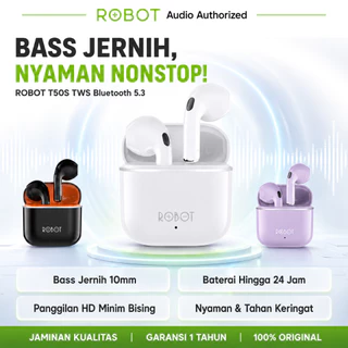 ROBOT TWS True Wireless Earphone Headset Bluetooth 6.0 Tanpa Kabel Olahraga Gaming Earbuds Super Bass HiFi Stereo Suara Jernih Waterproof IPX4 Noise Cancel Touch Control Airbuds T50S Garansi