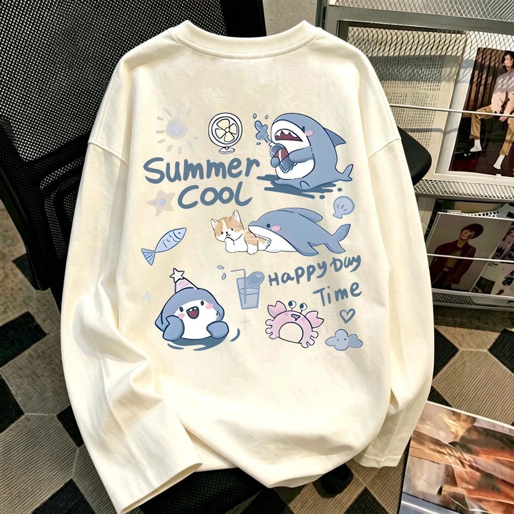 [COD]Kaos Lengan Panjang Oversize Pria Dan Wanita Kaos Lengan Panjang Kaos Lengan Panjang Print Kartun Hiu Lucu 8.05