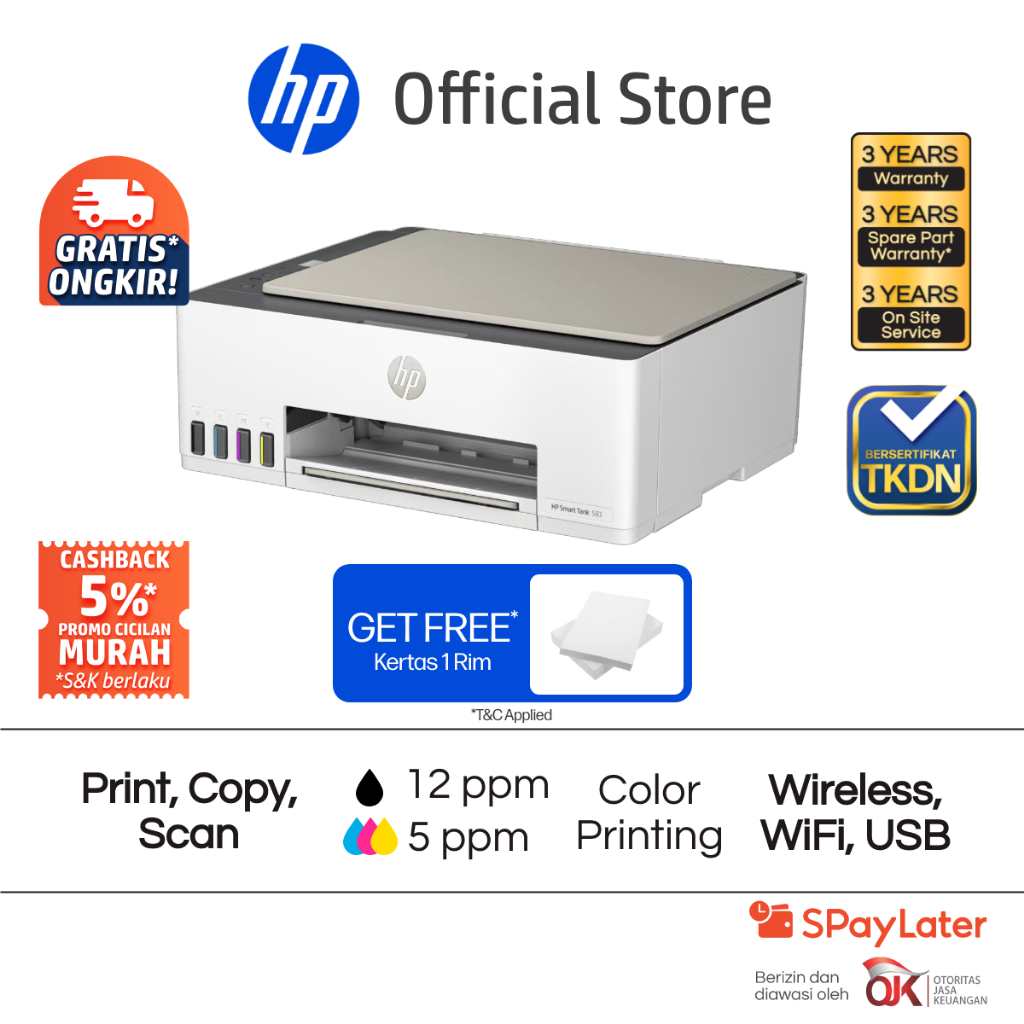 SERTIFIKASI TKDN - Printer HP Smart Ink Tank 583 All in One Print Scan Copy Wireless Wifi USB Color Colour Warna Garansi 3 Tahun Promo Murah Gratis On