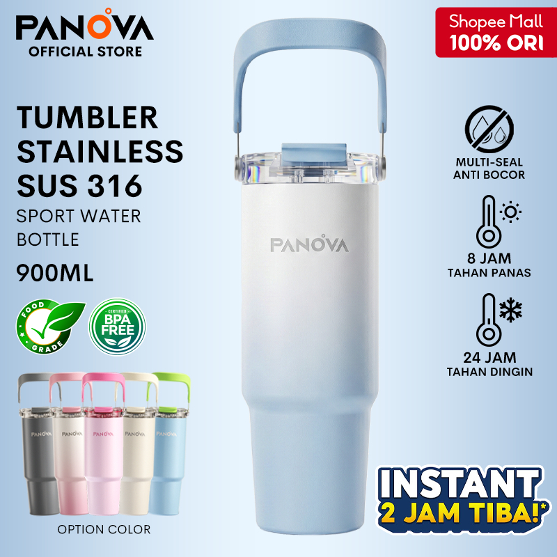 [TERLARIS] PANOVA Tumbler Stainless Steel 316 900ml Tahan Panas Dingin 24 Jam Aesthetic - Termos Botol Minum Portable Phone Stand Handle Sedotan BTE41206