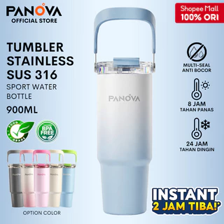 [TERLARIS] PANOVA Tumbler Stainless Steel 316 900ml Tahan Panas Dingin 24 Jam Aesthetic - Termos Botol Minum Portable Phone Stand Handle Sedotan BTE41206