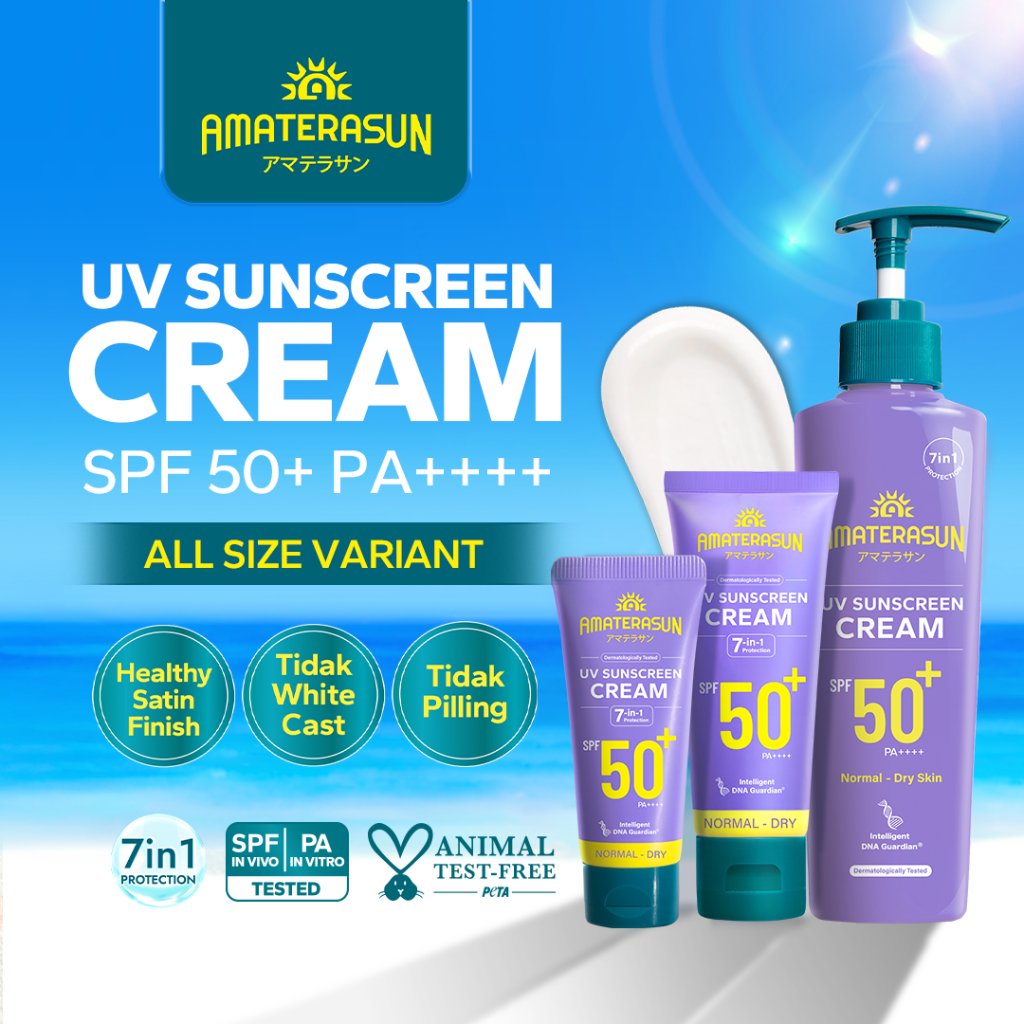 AMATERASUN UV Sunscreen Cream SPF 50+ PA++++ [REAL SPF Certified] - Sunscreen Wajah Untuk Normal To Dry Skin, Cream Texture, No White Cast, No Pilling, No Residue, Healthy Glow Finish, Makeup Primer, Daily UV Protection