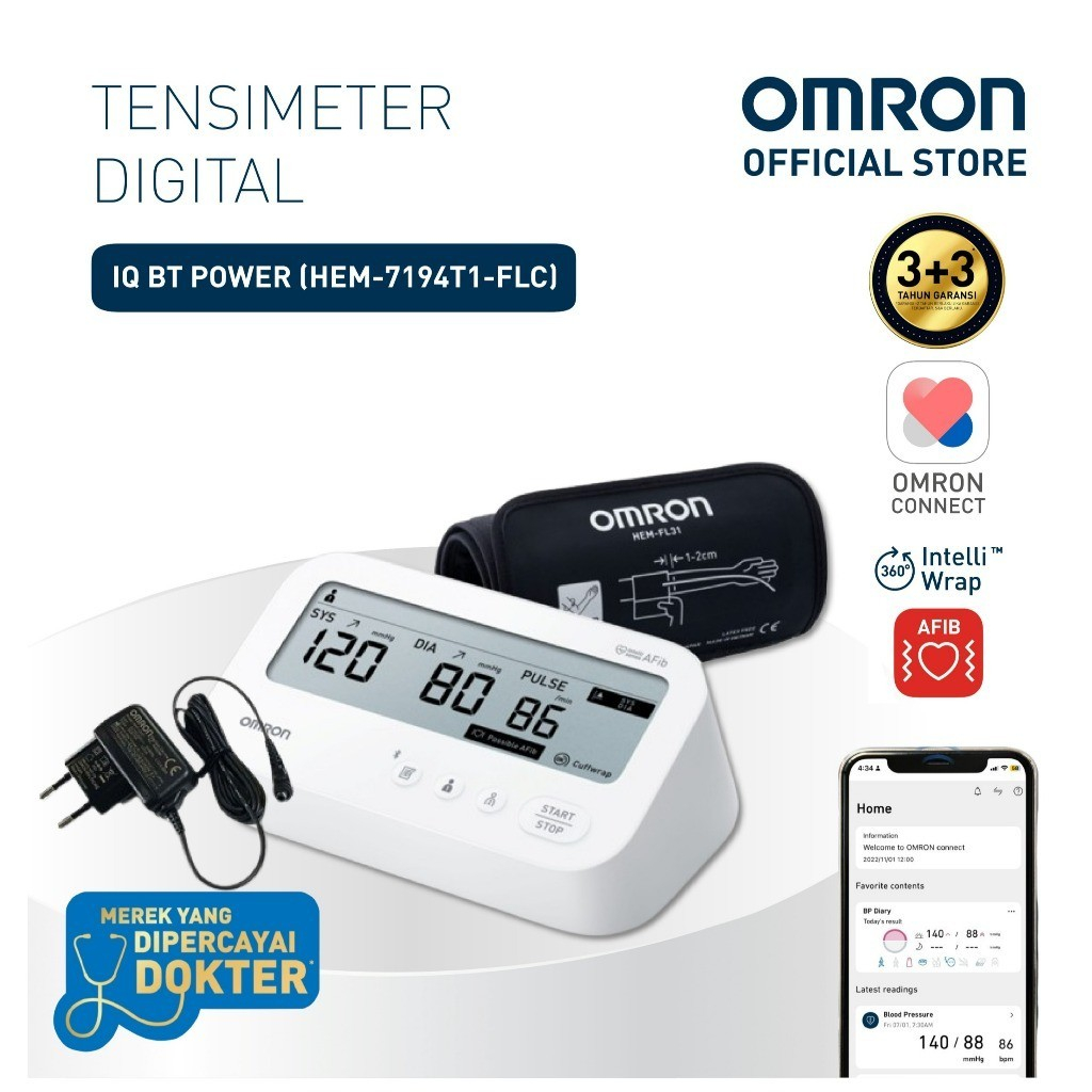 [NEW] Omron Blood Pressure Monitor IQ BT Power HEM-7194T1 + AFib Bluetooth Tensimeter Digital