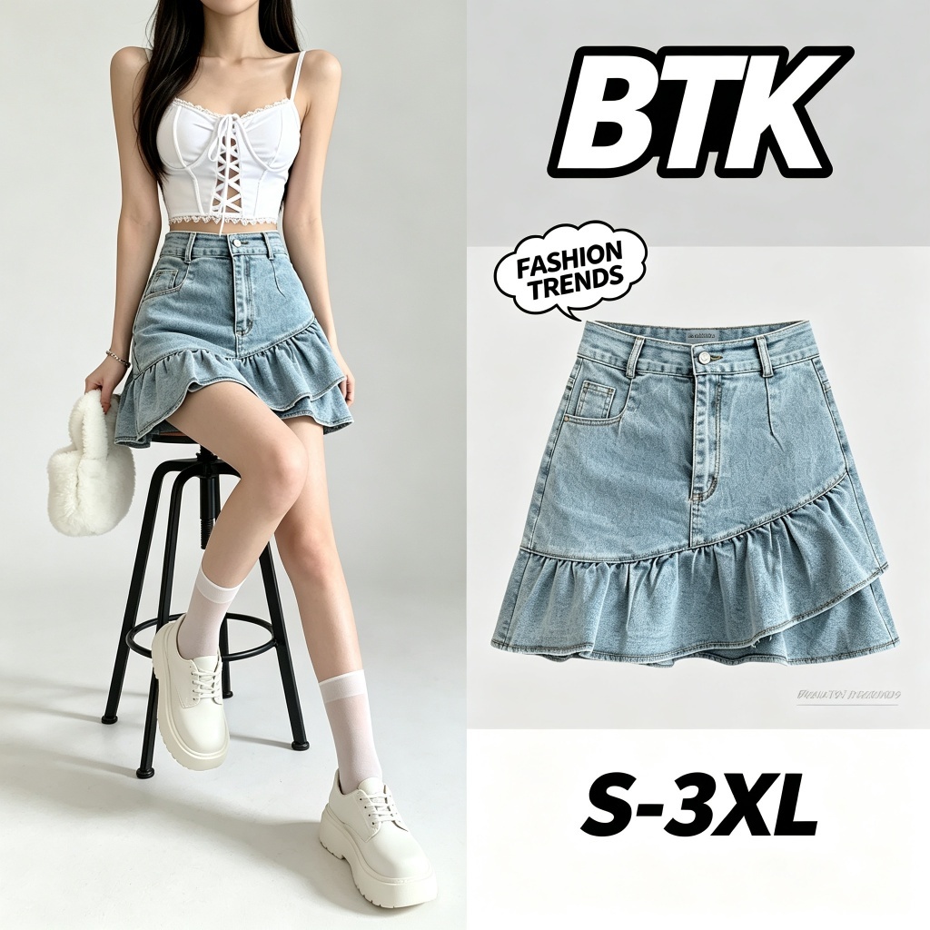 Jual Rok Mini Jeans Biru Wanita Korea Style High Waist Ruffle Asimetris ...