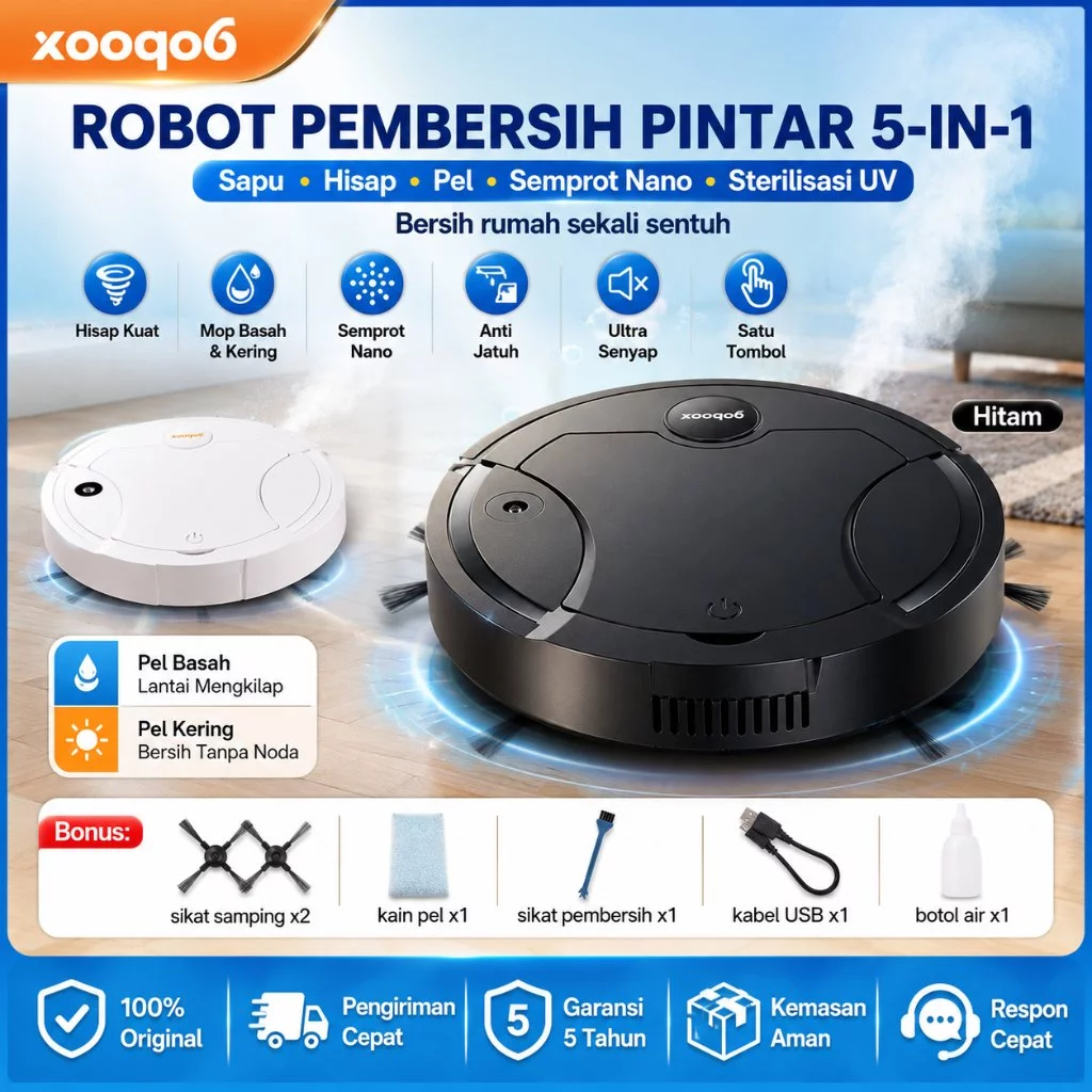 Xooqo6 Robot Vacuum Cleaner 5-in-1 Otomatis | Sapu, Hisap, Pel, Semprot Nano & UV Steril | Smart Sweeping Robot Mini Bodi Tipis 4.5cm Sensor Anti Jatuh Pembersih Debu Rambut Lantai Rumah Hitam Putih