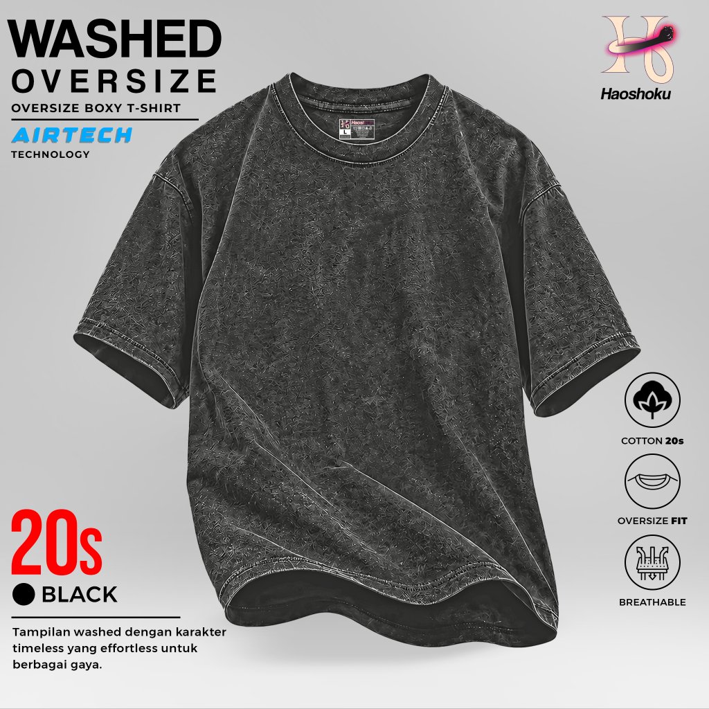 Haoshoku Kaos Boxy Washed Oversize Cotton Combet 20s Tebal Hitam