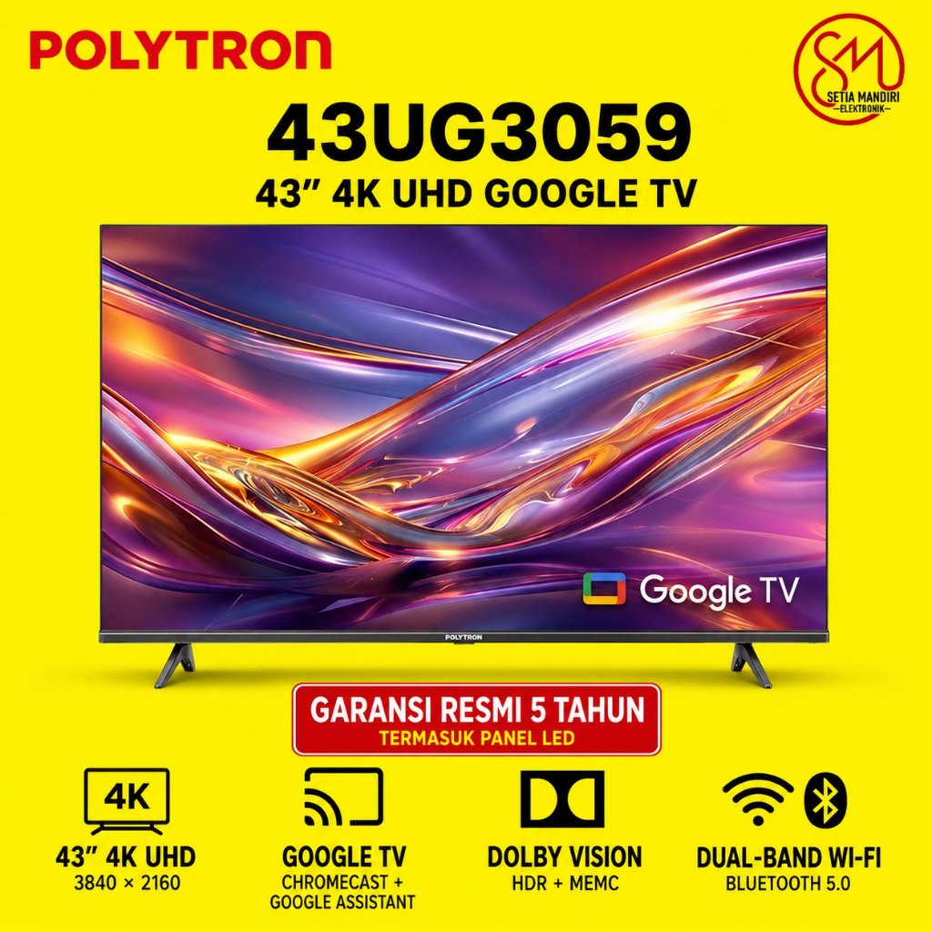 POLYTRON 4K UHD Smart Google TV 43 - 75 Inch PLD75UG5959 Free Mola Vidio 1 Tahun Garansi 5 Tahun ALL