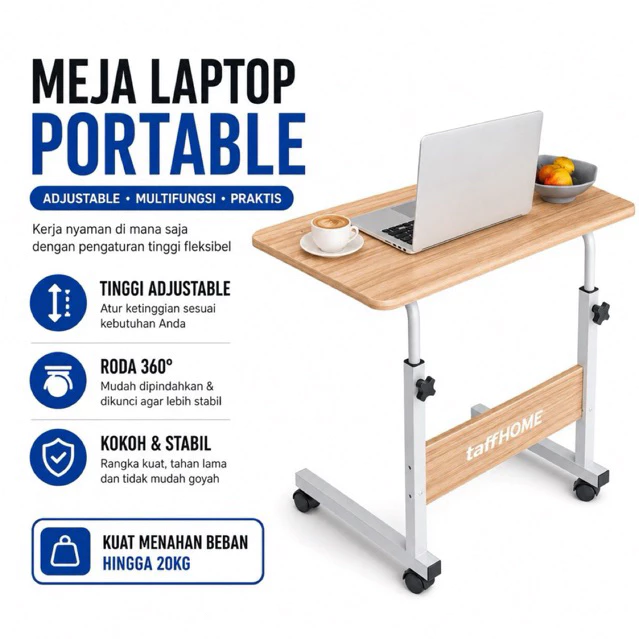 Meja Laptop Portable Adjustable Multifungsi dengan Roda untuk Kerja WFH dan Belajar