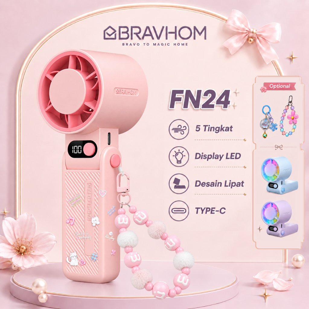 BRAVHOM Kipas Angin Mini Lampu RGB LED Display Kipas Angin Portable 5 Tingkat Kipas Angin Turbo FN24