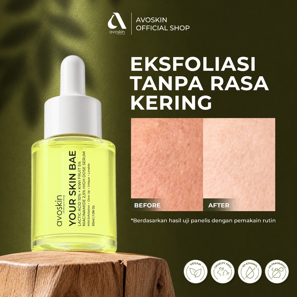 AVOSKIN - Your Skin Bae Lactic Acid Serum 30ml | 10% Lactic Acid, 5% Kiwi Fruit, 2.5% Niacinamide | Exfoliate + Brighten | Untuk yang Ingin Eksfoliasi dengan Fokus Glow | Niacinamide Support | Refined Texture & Healthy-Looking Radiance