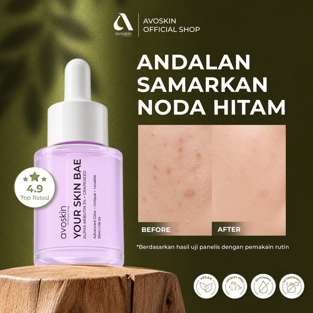 AVOSKIN - Your Skin Bae Alpha Arbutin Serum 30ml | 3% Alpha Arbutin + Grapeseed Extract | Dark Spot & Uneven Tone Care | Untuk Flek/Noda Hitam | Alpha Arbutin 3% Targeted Treatment | Clearer, Brighter-Looking Complexion | Cocok untuk layering rutin