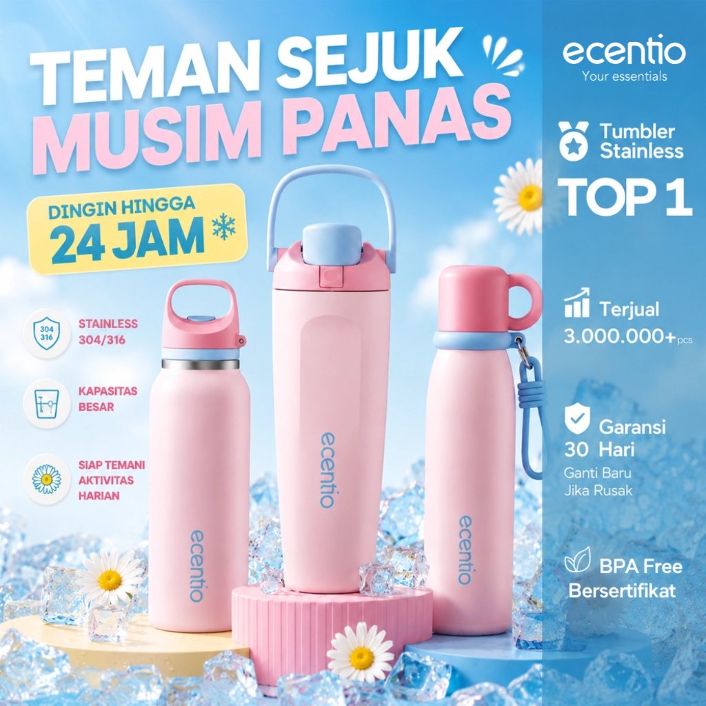 [Daily Active Series] ecentio Tumbler Stainless Tahan Panas Dingin 24 Jam Botol Minum Aesthetic Pink Elegant Silver Outdoor Sport Portable Sekolah Gym Travel 600ml 650ml 900ml