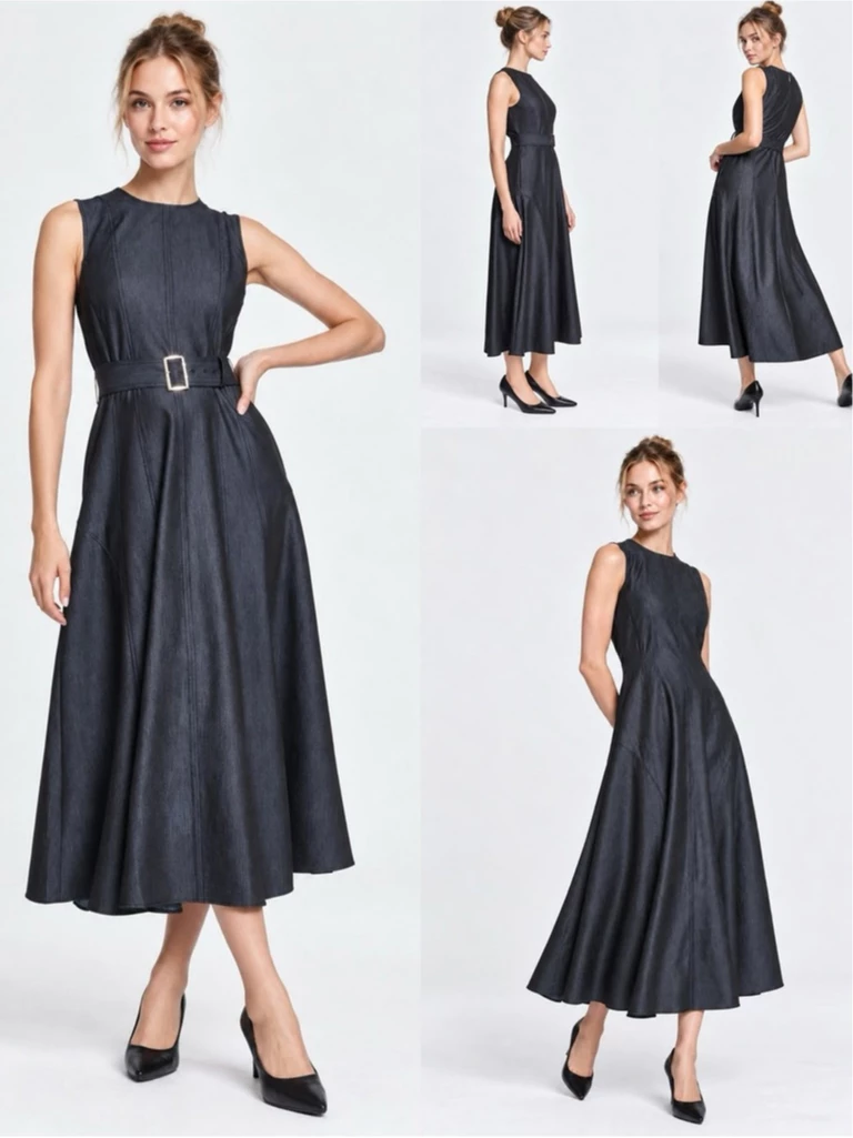 Dress Midi Wanita KL Women's Denim Midi Dress (Belt Checkout Terpisah / Bundling) - 3293