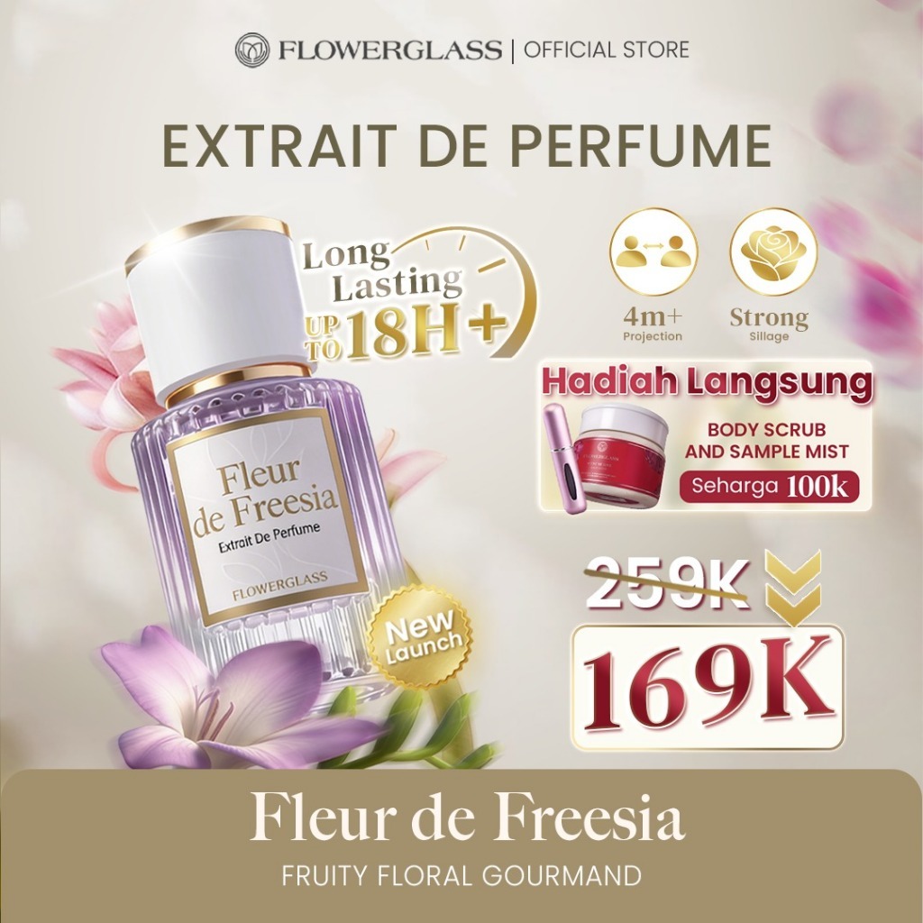 Flowerglass Extrait de Parfum 30ml Fleur de Freesia - Parfum Wanita Floral Musky Tahan Lama 18 Jam