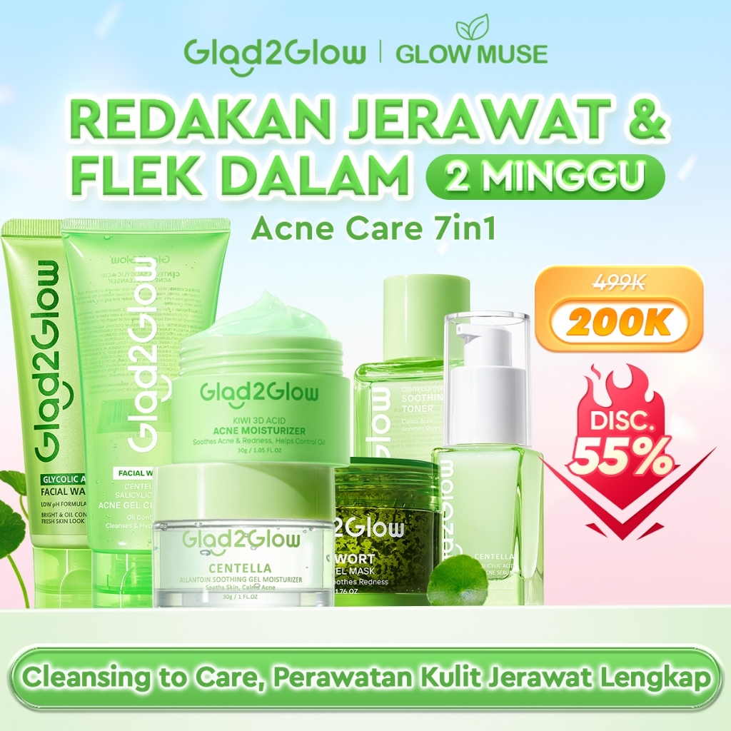 [100% ORI] Glad2Glow Acne Jerawat bundle all in 1 - 3/4/5/6 PCS Skincare Paket-Soothing toner+Centella Moisturizer+Blueberry Cleanser+Centella Serum Bahan Centella Asiatica menenangkan kulit yang rentan berjerawat dan memperbaiki kulit skincare G2G