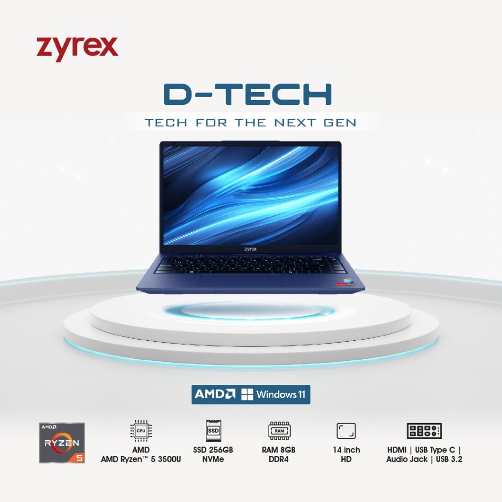 LAPTOP ZYREX D- TECH AMD Ryzen 5 8GB 256GB W11 14.0 HD 1YR BLUE