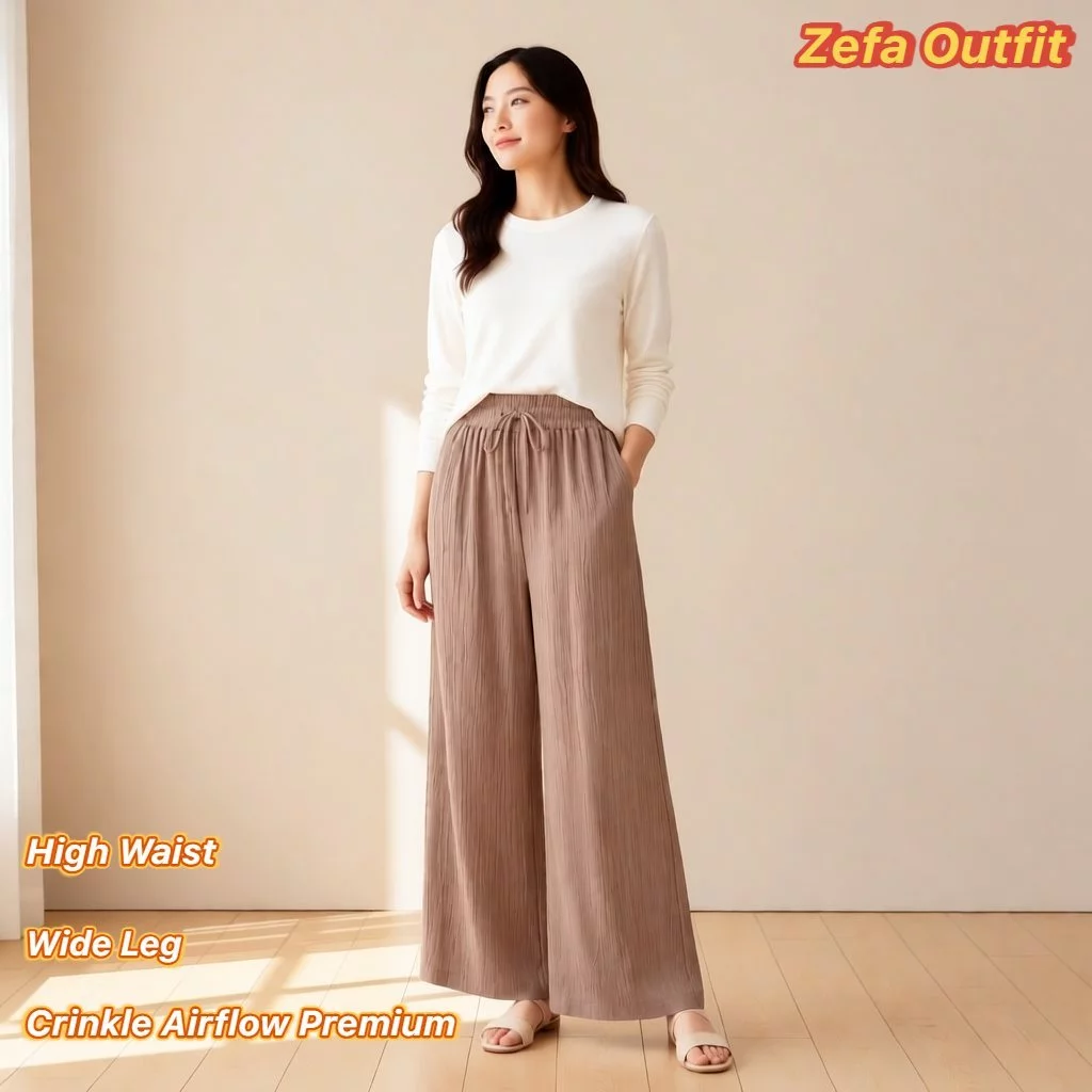 Celana Kulot Wanita Jumbo Crinkle Airflow Premium Highwaist Tali Serut Saku