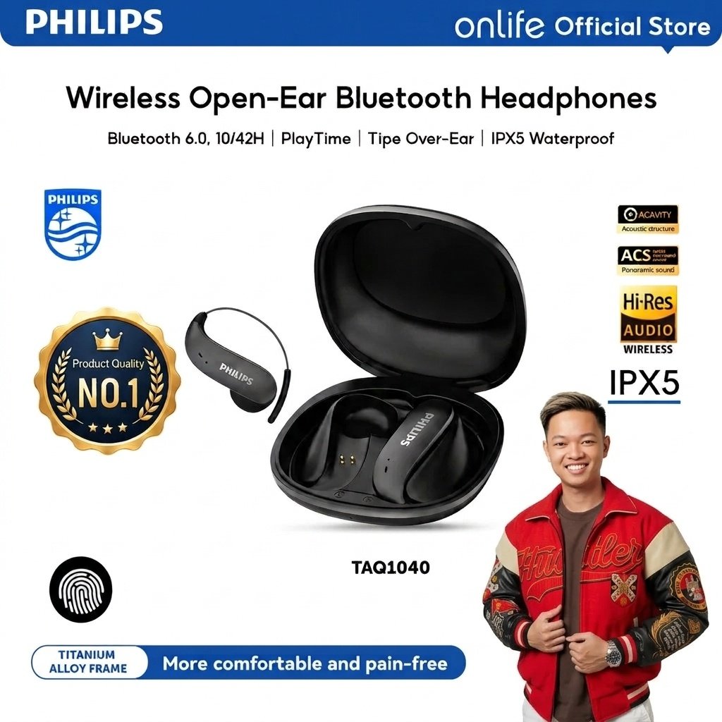 Philips OWS Open-Ear Wireless Headphone Earphone Bluetooth 6.0 Dual Mode Gaming / Music Low Latency - TAQ1040