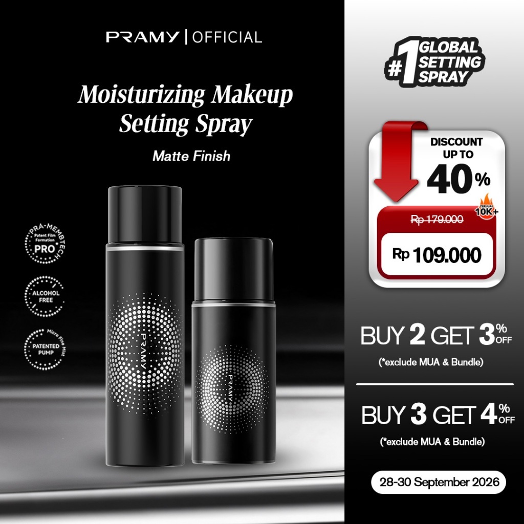 Pramy Moisturizing Setting Spray Matte Finish – All Size | Long Lasting Makeup Hingga 12 Jam | Moisturizing Flawless Micro Fine Mist |  Melembabkan Kulit dan Mengontrol Minyak Berlebih