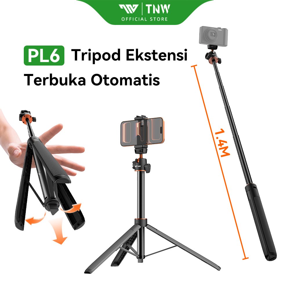 PL6 Automatic Tripod 1.4m Selfie Stick dengan 360° Rotasi Ball Head