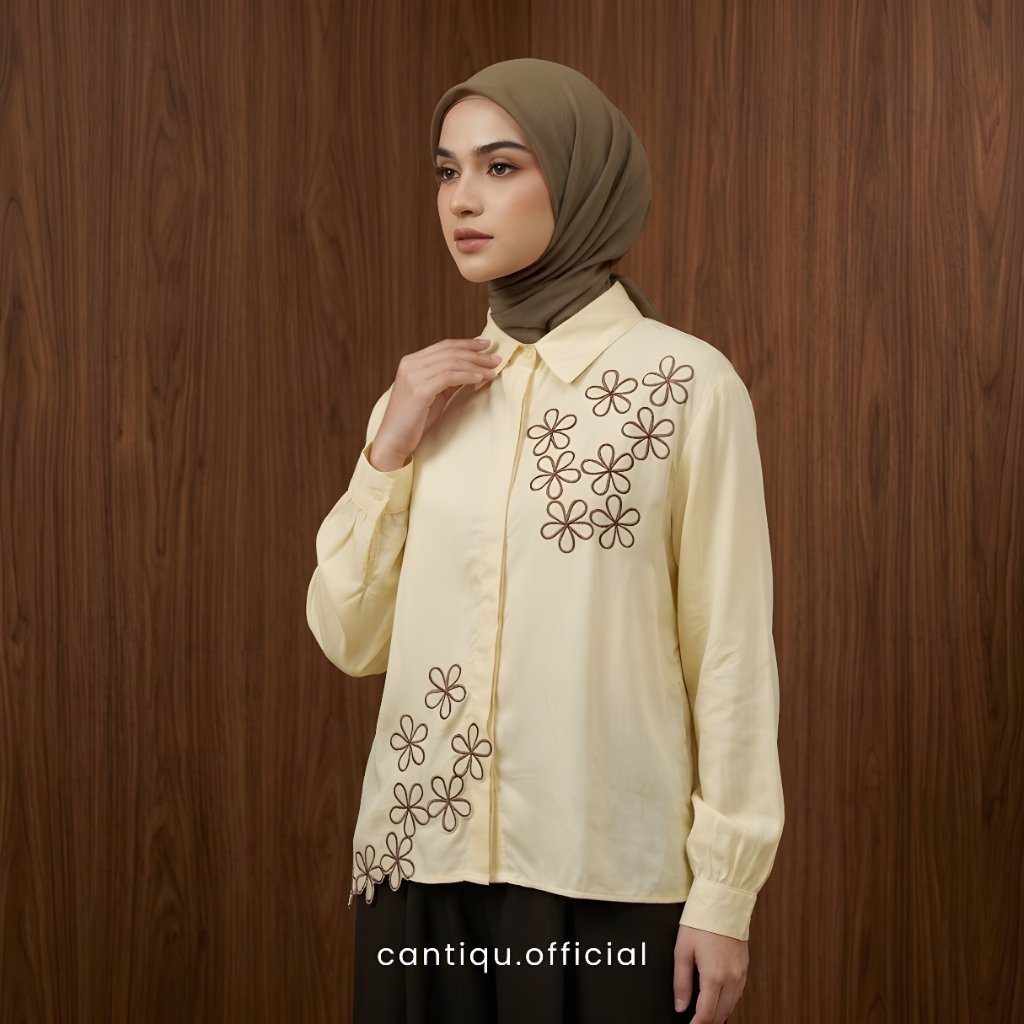 Cantiqu Kemeja Wanita Rayon Kyren Bordir Bunga | Atasan Wanita Lengan Panjang foto 2