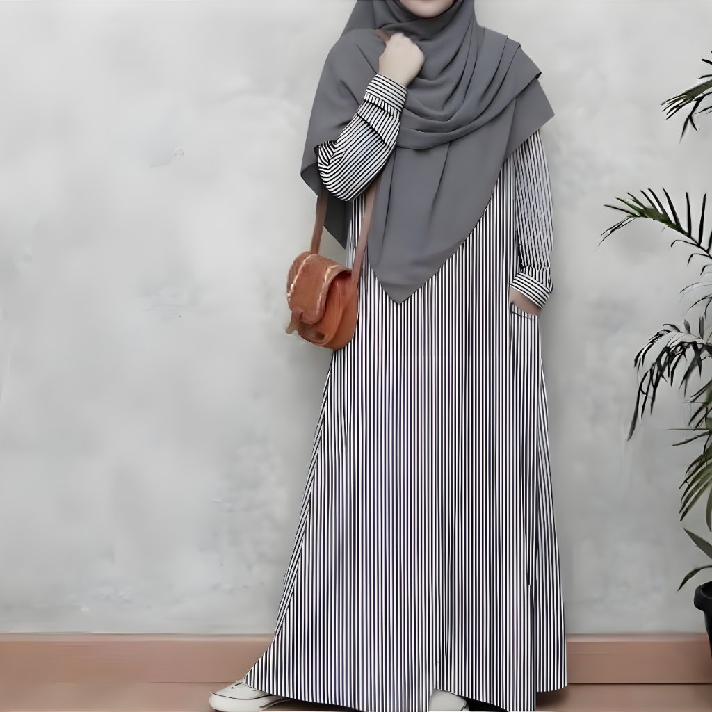Jual ADESSILVI Gamis Polos Motif Salur Lengan Kancing Bahan Katun Poly ...