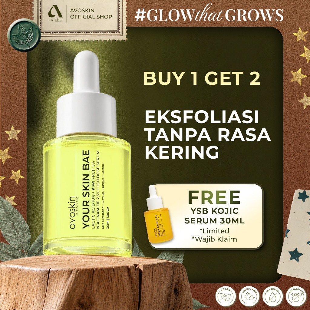 AVOSKIN - Your Skin Bae Lactic Acid Serum 30ml | 10% Lactic Acid, 5% Kiwi Fruit, 2.5% Niacinamide | Exfoliate + Brighten | Untuk yang Ingin Eksfoliasi dengan Fokus Glow | Niacinamide Support | Refined Texture & Healthy-Looking Radiance