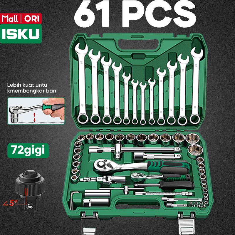 ISKU Tool Kit Kunci Sok Set 61 Pcs Lengkap Dual Drive 1/2 1/4 Inci Gagang Ratchet 72 24 Gigi Baja CR-V Kunci Ring Pas Kombinasi 8-19mm Mata Sok 4-32mm Kunci Busi Kunci L Sambungan Fleksibel Alat Bengkel Servis Mobil Motor Koper Box Perkakas