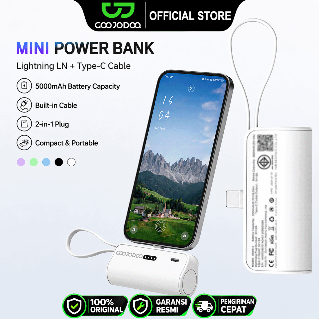 Goojodoq 5000mah Mini Powerbank for iphone Android Phone Built in Cable SPortable Charge Lightning &Type C