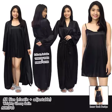 FOLVA Kimono Set Baju Tidur Satin 1340BSET Hitam All Size