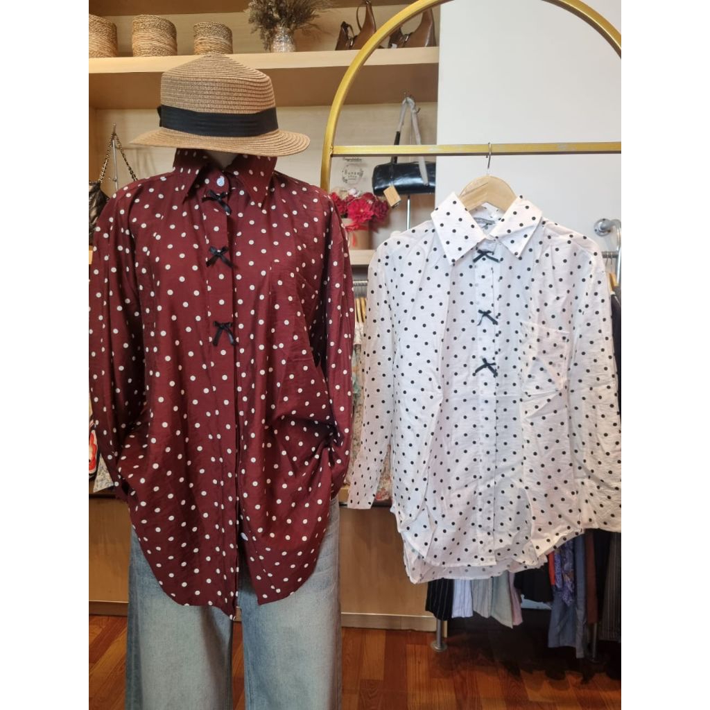 Jual Bunaa Blouse Kemeja Wanita Polkadot Putih Merah Bata Katun Adem ...
