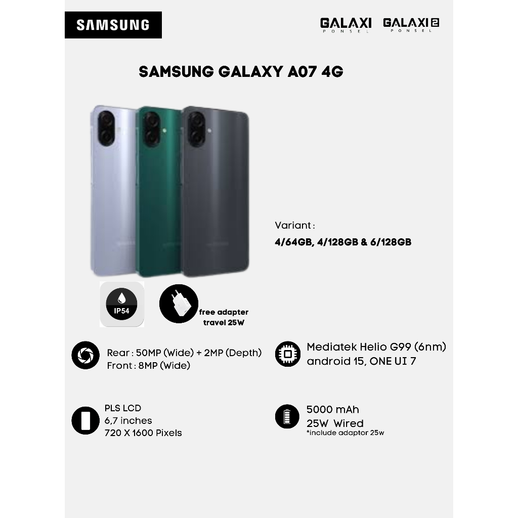 Jual SAMSUNG GALAXY A07 4G 4/64GB DAN 4/128GB BERGARANSI RESMI ...