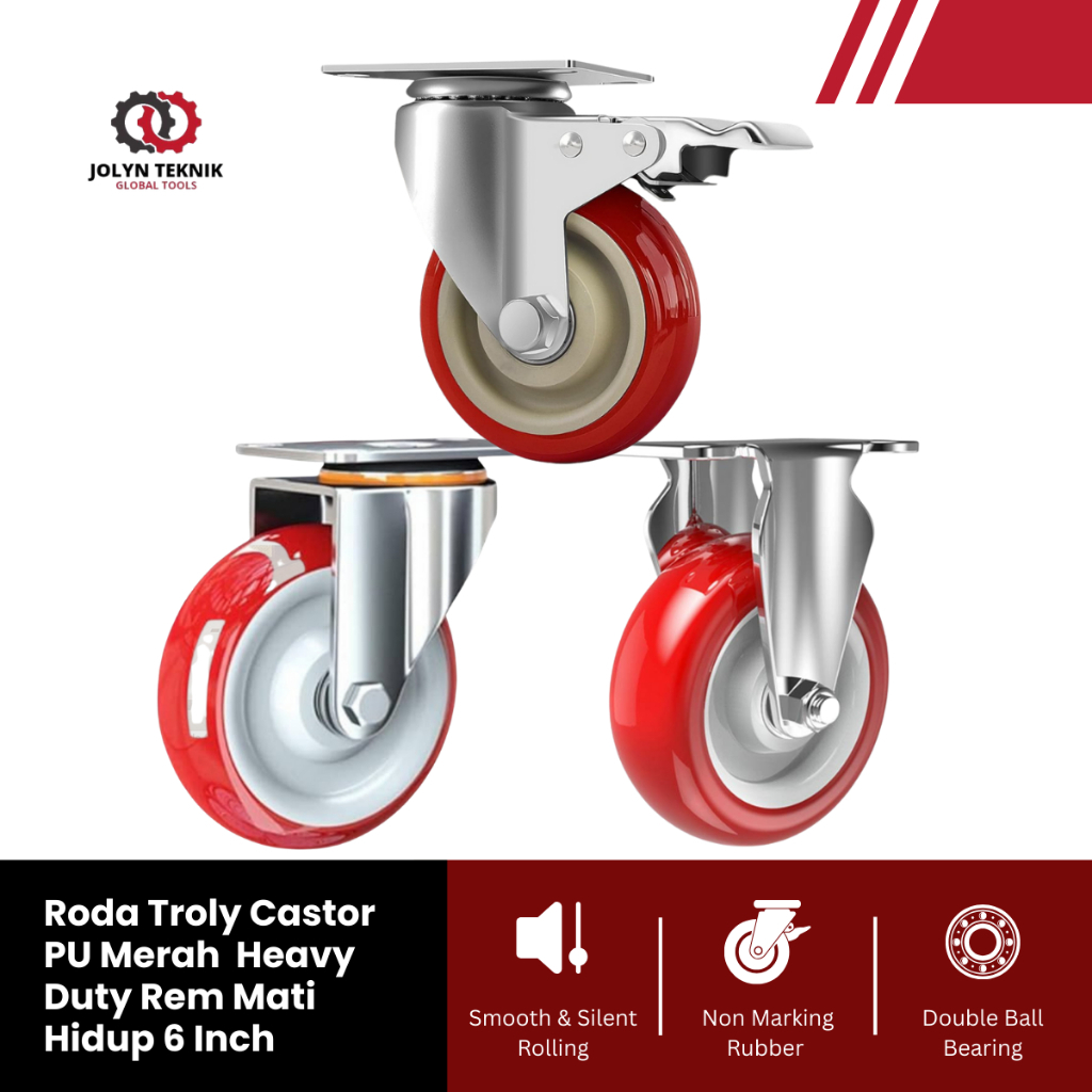 Jual RODA TROLY CASTOR PU MERAH HEAVY DUTY BEARING 3 VARIASI MATI HIDUP ...