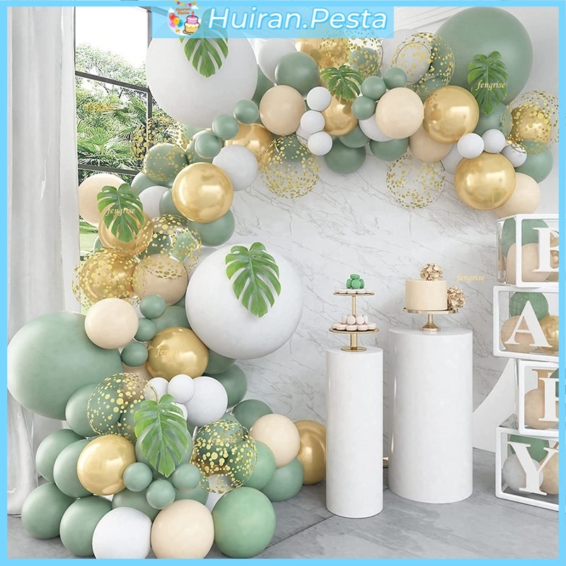 Jual Paket Balon Ulang Tahun Dekorasi Hijau Sage Emas Balon Garland