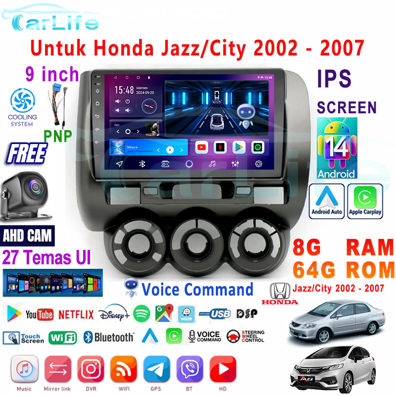 Honda Jazz/City 2002-2007 | 8G+64G Android 14 Head Unit Termasuk Frame/PNP Soket 9 Inch IPS Layer TV