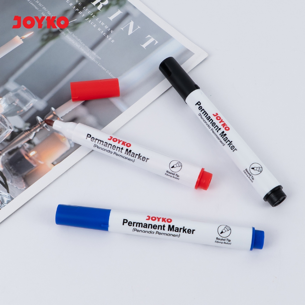 Jual JOYKO PERMANENT MARKER ROUND TIP BLACK BLUE RED / SPIDOL PERMANEN ...