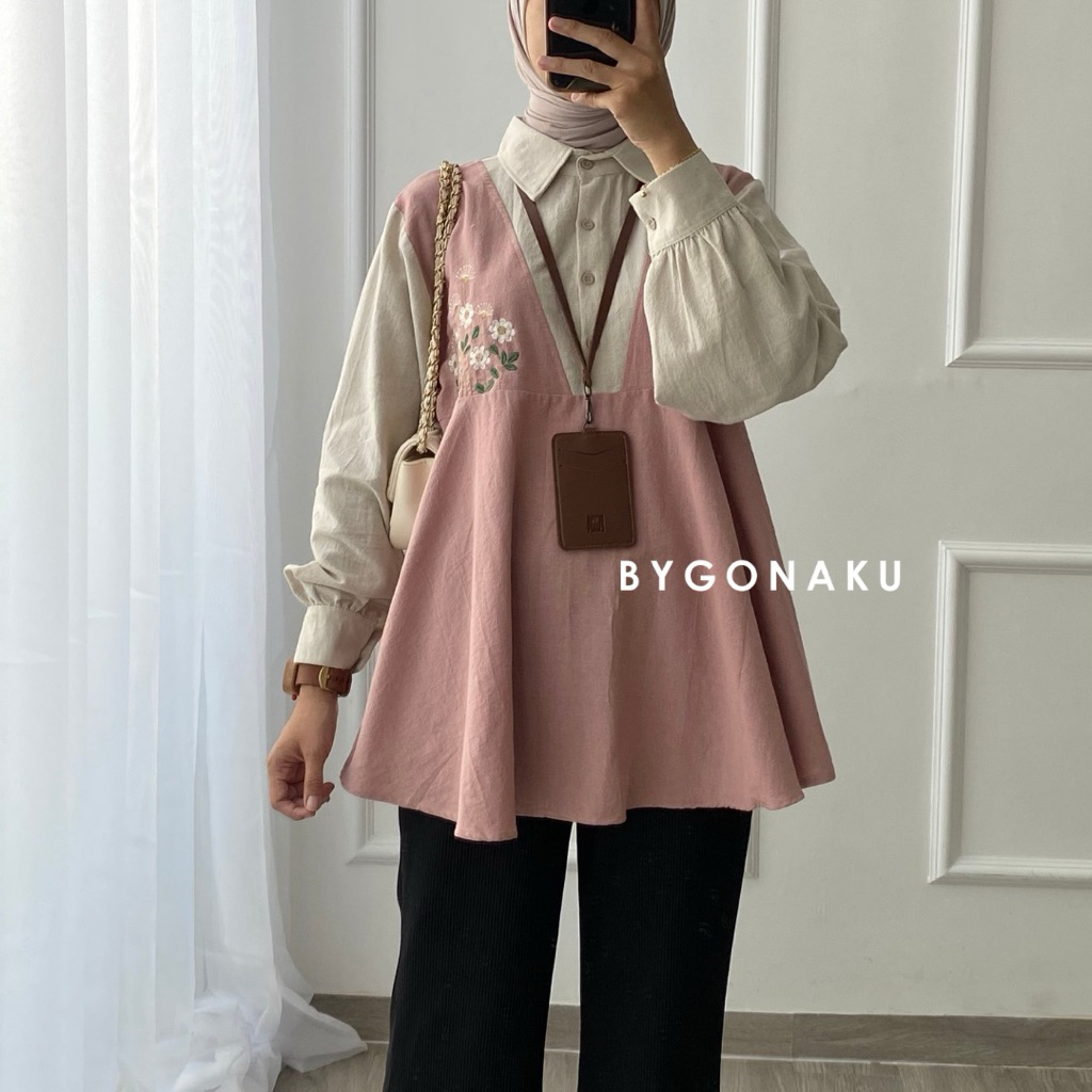 [Bygonaku] Senja Top Blouse Linen Bordir | Atasan Blouse Kemeja Kerja Wanita Korean Style | Busui Friendly foto 3