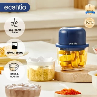 ecentio Mini Chopper Blender Portable Kaca+Plastik 6Pisau+3Pisau 350ml+250ml Food Grade Penghalus Bawang Multifungsi Food Processor Elektrik Mini Chopper MPASI Bayi BPA Free untuk Bisa Daging & Bumbu