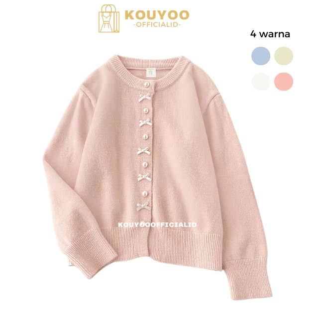 KOUYOO Coquette Cardigan Wol Pita Imut Ribbon Girly Rajut Korean Style Knit Top Pink Putih Hijau - foto 1