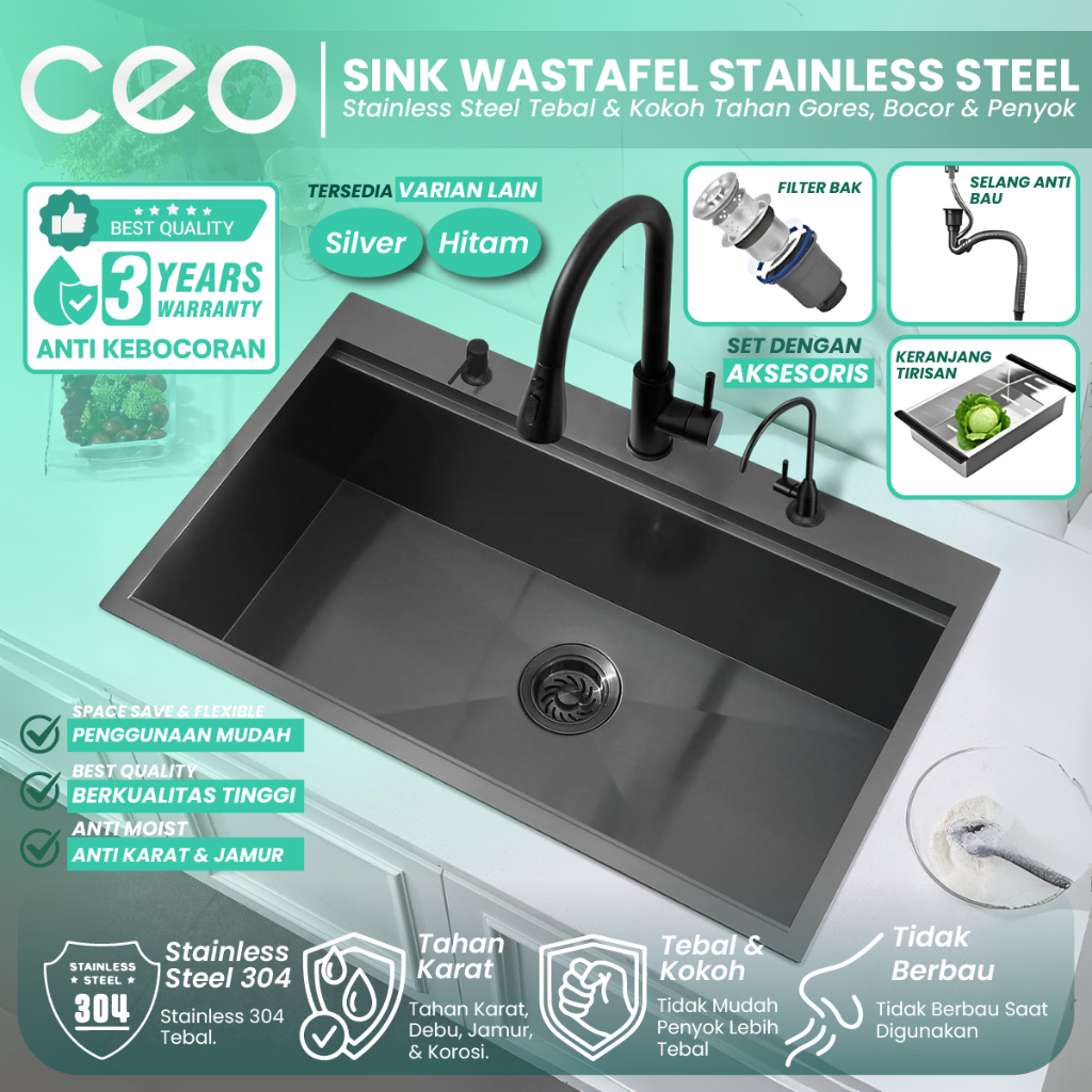 CEO Paket Kitchen Sink Wastafel Bak Cuci Piring Dapur Stainless Steel Set Kran Hitam/Perak