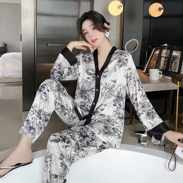 2026 Piyama Korea Style Wanita Longgar Nyaman One Set Piyama Satin Wanita Motif Tinta Premium