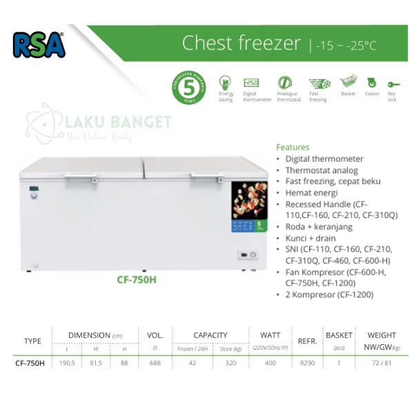 Jual Chest Freezer 688 Liter RSA CF-750H / Freezer 2 Pintu RSA CF 750H ...